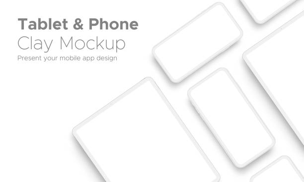 mobile app design tablet computer und smartphone clay mockup mit platz für text - white tablet stock-grafiken, -clipart, -cartoons und -symbole