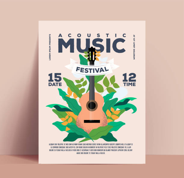 akustyczny festiwal muzyczny lub plakat koncertowy lub imprezowy lub szablon do projektowania ulotki lub zaproszenia z klasyczną gitarą akustyczną na kwiatowym tle z kompozycją typograficzną. vintage stylizowany płaski wektor - indie rock stock illustrations