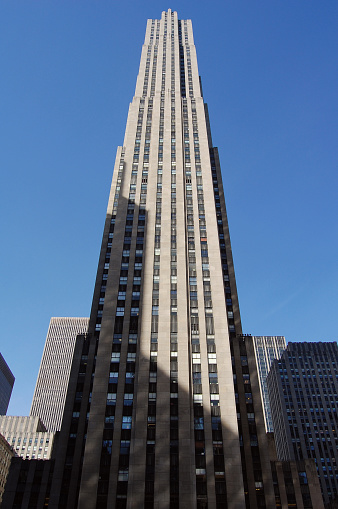 The thin, 259 mt tall Comcast building, part of the historical Rockefeller Center in Manhattan, New York City.