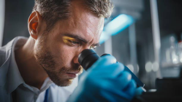 istock In Bright Medical Science Laboratory: Portrait of Handsome Microbiologist Looking Under Microscope Analyzing Sample. Brilliant Scientist, working with High-Tech Equipment. Macro Close-up Shot 1291031168