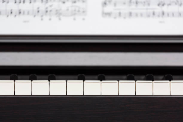 Electric piano (clavinova) keys and sheet music close-up