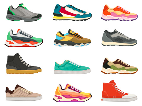 Sneakers shoes. Fitness footwear for sport, running and training. Colorful modern shoe designs. Sneaker side view cartoon icons vector set. Bright massive footwear for casual lifestyle