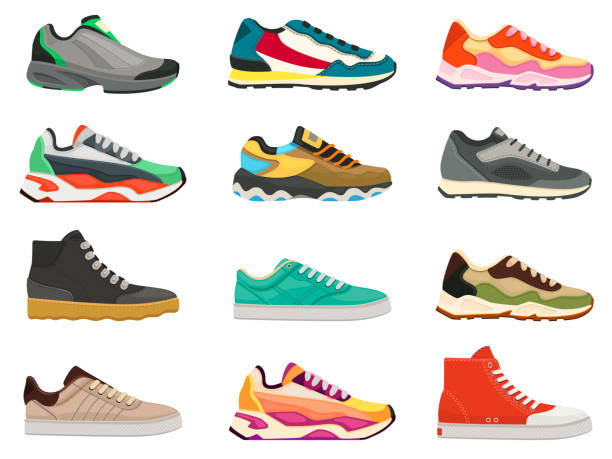 Sneakers shoes. Fitness footwear for sport, running and training. Colorful modern shoe designs. Sneaker side view cartoon icons vector set Sneakers shoes. Fitness footwear for sport, running and training. Colorful modern shoe designs. Sneaker side view cartoon icons vector set. Bright massive footwear for casual lifestyle sneakers stock illustrations