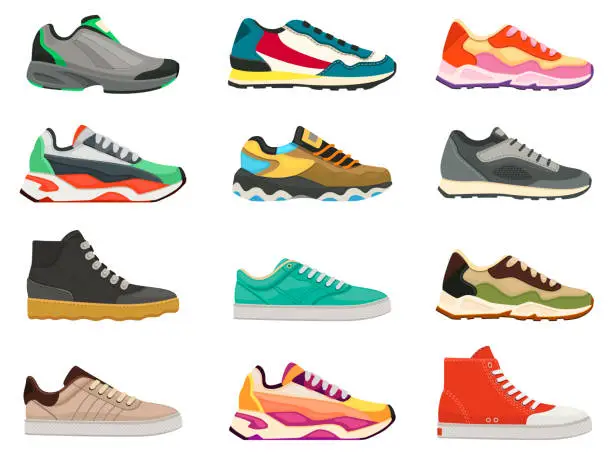 Vector illustration of Sneakers shoes. Fitness footwear for sport, running and training. Colorful modern shoe designs. Sneaker side view cartoon icons vector set