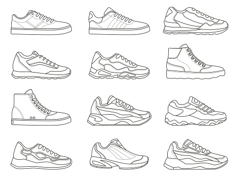 Sneakers icon. Outline sport shoe types for running and fitness. Minimalist line sneaker symbols. Fashion design of gym footwear vector set. Modern trendy trainers for active lifestyle