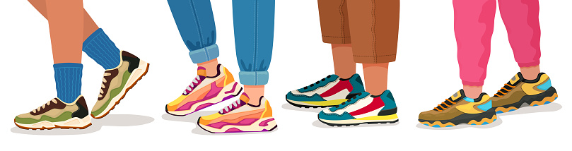 Feet in sneakers. Female and male walking legs in sport shoes with socks, pants and jeans. Trendy fashion fitness footwear vector concept. Colorful comfortable trainers on young people