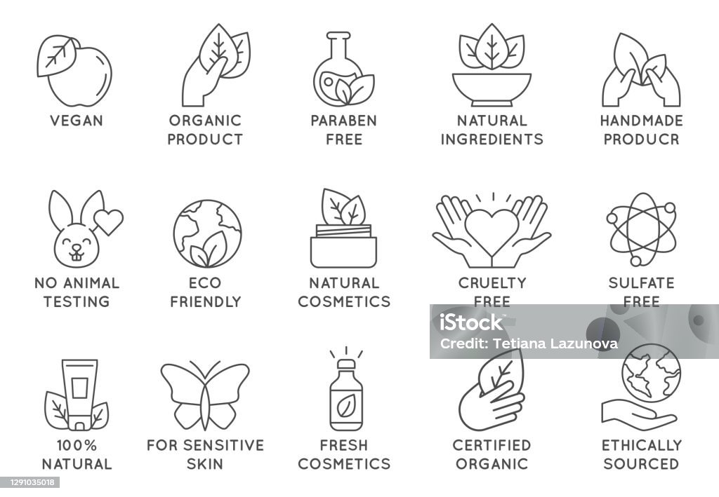 Pictogramă cosmetice organice. Insigne eco friendly cruelty free line pentru produse de înfrumusețare și mâncare vegană. Nici un animal testate, icoane naturale vector set - vector de stoc Ingredient fără redevențe Pictogramă cosmetice organice. Insigne eco friendly cruelty free line pentru produse de înfrumusețare și mâncare vegană. Nici un animal testate, icoane naturale vector set - vector de stoc Ingredient fără redevențe