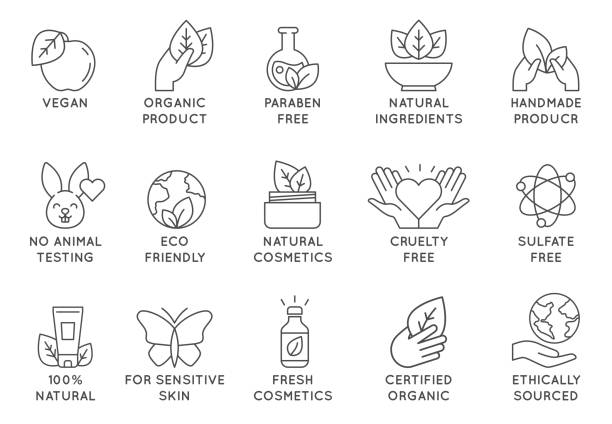 Organic cosmetics icon. Eco friendly cruelty free line badges for beauty products and vegan food. No animal tested, natural icons vector set Organic cosmetics icon. Eco friendly cruelty free line badges for beauty products and vegan food. No animal tested, natural icons vector set. For sensitive skin, ethically sourced collection organic food stock illustrations