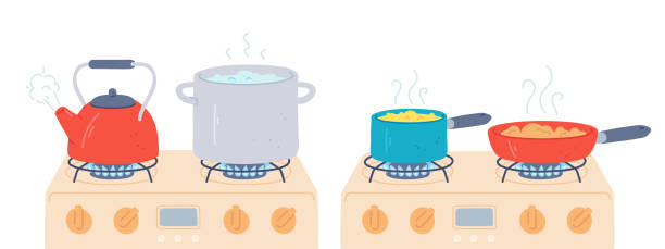 냄비와 난로에 냄비. 냄비에 음식과 끓는 물을 준비하고 부엌 가스 난로에 증기로 주전자. 화재 벡터 세트에 요리 - steam saucepan fire cooking stock illustrations
