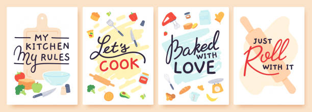 Cooking poster. Kitchen prints with utensils, ingredient and inspirational quote. Baked with love. Food preparation lesson banner vector set Cooking poster. Kitchen prints with utensils, ingredient and inspirational quote. Baked with love. Food preparation lesson banner vector set. My kitchen my rules, lets cook. Food and appliances rules quotes stock illustrations