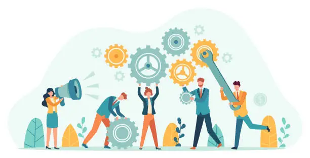 Vector illustration of Business people with gears. Employee team create mechanism with cogs, manager with megaphone. Tiny person teamwork motivation vector concept