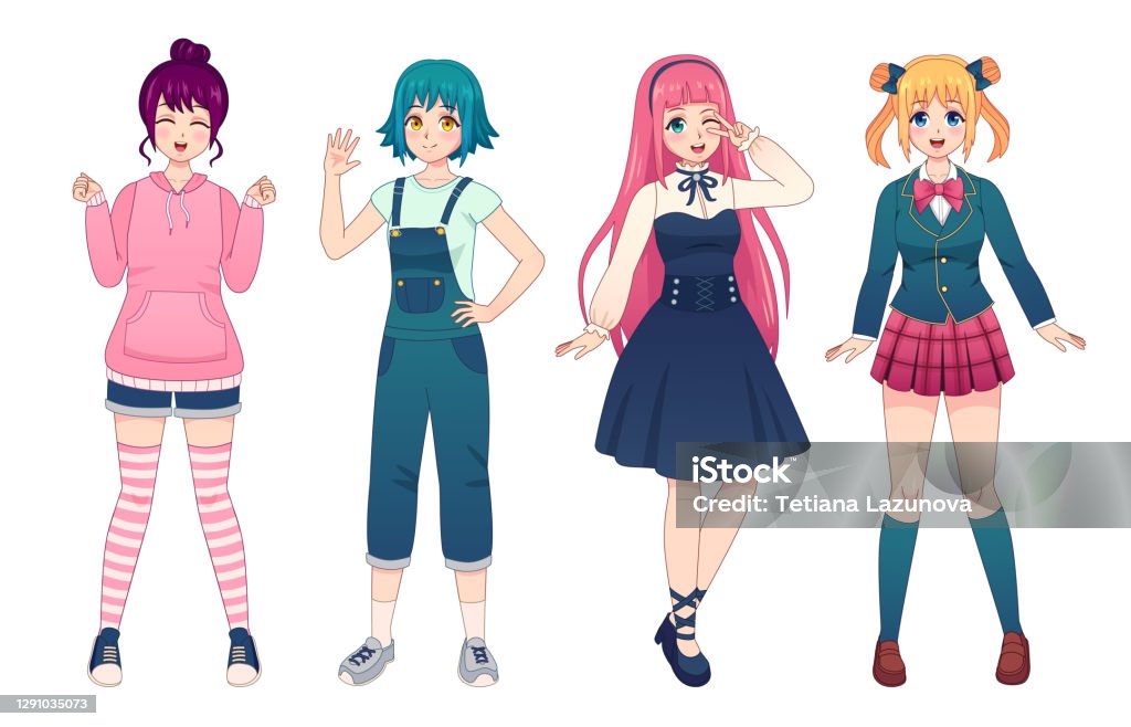 Ilustración de Chicas Anime Hermosas Colegialas De Manga Japonesas En  Uniforme Vestido De Estilo Lolita Monos Y Sudadera Con Capucha Happy Kawaii  Hembra Poses Conjunto Vectorial y más Vectores Libres de Derechos