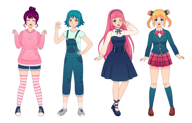 Ilustración de Chicas Anime Hermosas Colegialas De Manga Japonesas En  Uniforme Vestido De Estilo Lolita Monos Y Sudadera Con Capucha Happy Kawaii  Hembra Poses Conjunto Vectorial y más Vectores Libres de Derechos