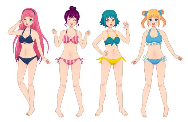 Vector illustration of Anime manga girls in bikini. Group of kawaii female japanese comic characters in swimsuits. Beach woman winks, waving and smiles vector set