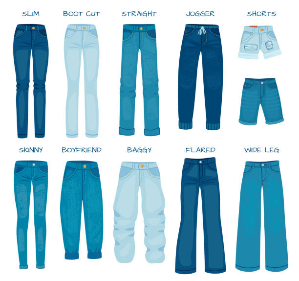 jeans wanita cocok. denim model celana wanita kurus, lurus, ramping, pacar dan boot cut. gaya siluet celana panjang jean vektor set - baggy jeans ilustrasi stok