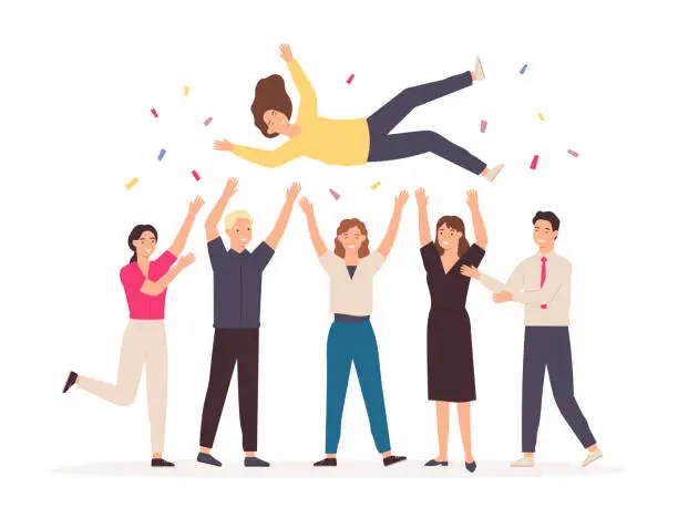 Vector illustration of Team throwing person in air. Celebrate win and business success congratulation. Friends toss up woman at party with confetti vector concept