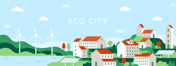 ilustrações de stock, clip art, desenhos animados e ícones de eco city. urban landscape of future town use alternative energy sources solar panel and windmills. save environment ecology vector concept - fuel and power generation wind turbine solar panel alternative energy