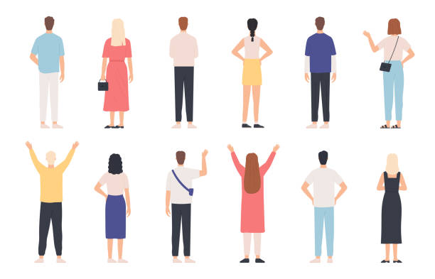 People from behind. Adult man and woman back view standing poses. Happy person with hands up and waving. Rear human in clothes vector set People from behind. Adult man and woman back view standing poses. Happy person with hands up and waving. Rear human in clothes vector set. Female and male characters in casual outfit cartoon man standing stock illustrations