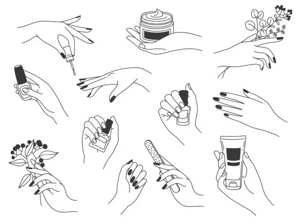 Vector illustration of Hand manicure and care. Female logos for nail cosmetics and beauty spa salon. Hands paint, file nails, holding polish and cream, vector set