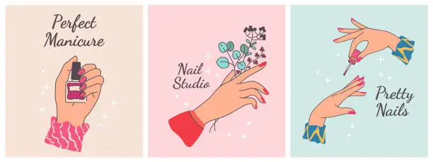 Vector illustration of Nail manicure print. Posters for beauty salon with woman hands. Manicured fingers with painted polished nails. Spa trendy design vector set
