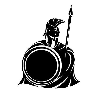 Spartan sign with spear and shield on a white background.