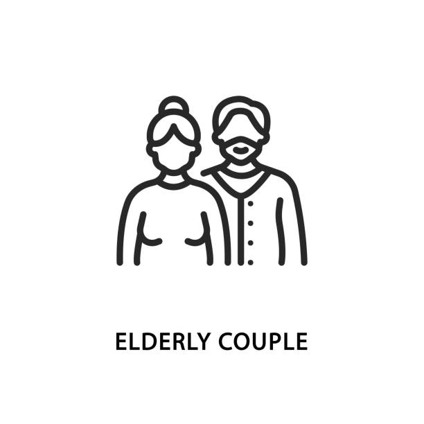 ilustrações, clipart, desenhos animados e ícones de ícone da linha plana do casal de idosos. avós de ilustração vetorial. pensionistas - casal de meia idade