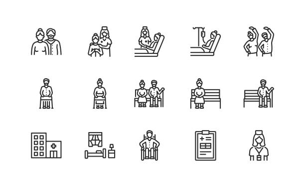 Elderly people and disabled flat line icons set. Vector illustration caring for the elderly. Nursing home and hospice service. Editable strokes Elderly people and disabled flat line icons set. Vector illustration caring for the elderly. Nursing home and hospice service. Editable strokes. stroke illness illustrations stock illustrations