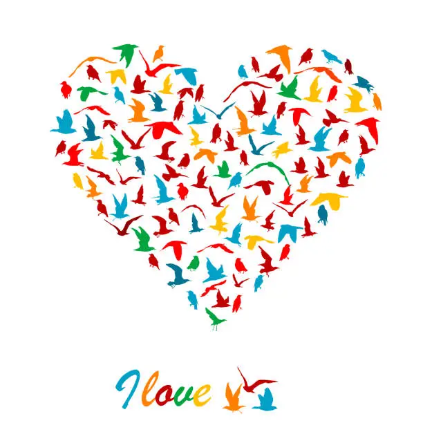 Vector illustration of I love birds concept with birds silhouettes in a heart