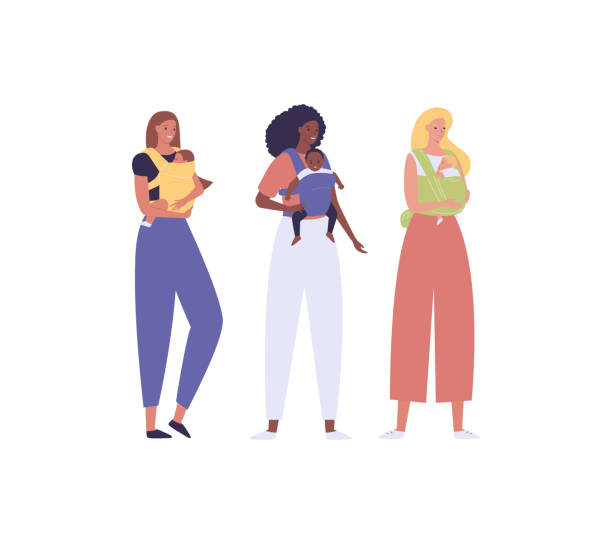 ilustrações de stock, clip art, desenhos animados e ícones de parent with child in baby carrier. vector flat people illustration set. group of diverse female hold son or daughter. african american, caucasian, mixed ethic person. concept of mother love and care. - mulher bebé