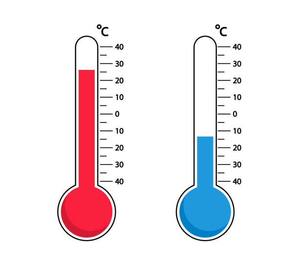 illustrations, cliparts, dessins animés et icônes de thermomètre à température chaude ou froide. thermomètres météorologiques celsius pour mesurer la température. prévisions météorologiques. - barometer heat thermometer sun