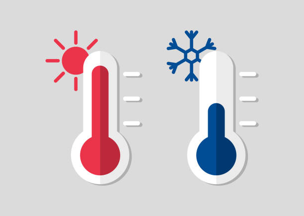 ilustrações, clipart, desenhos animados e ícones de termômetro com temperatura quente ou fria. termômetros meteorológicos celsius para medir a temperatura. ícones planos meteorológicos. - barometer heat thermometer sun