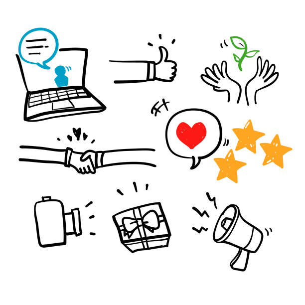 han drawn Brand ambassador line icons. Influence people, Megaphone and Representative. Handshake, influencer in doodle style vector isolated han drawn Brand ambassador line icons. Influence people, Megaphone and Representative. Handshake, influencer in doodle style vector isolated megaphone drawings stock illustrations