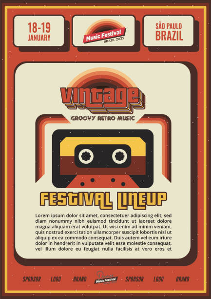 Vintage Retro Music Festival Poster or Flyer Design with Cassette and Lineup for Bar or Night Club Promo Banner vector art illustration