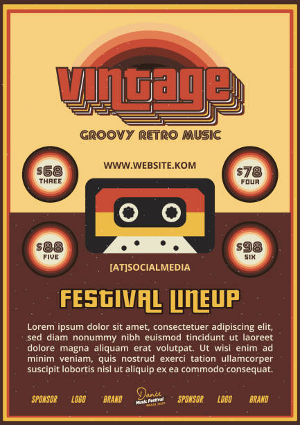 Old School Music Festival DJ Lineup Poster or Flyer Leaflet Template in Retro Style with Cassette Tape vector art illustration