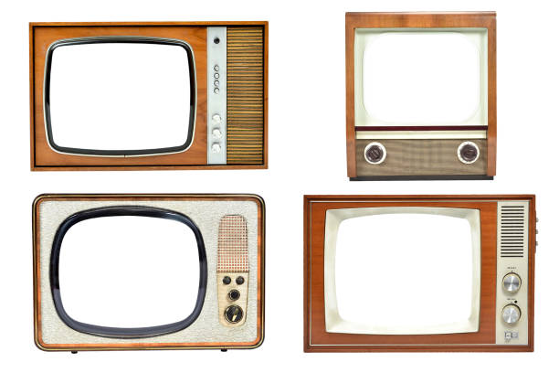 istock Vintage TV set collection with blank screen isolated 1291042787
