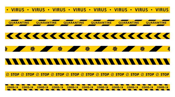 Vector illustration of Warning quarantine tape set. Coronavirus stop stripes. Covid-19. Seamless ribbons barricade. Black and yellow striped.