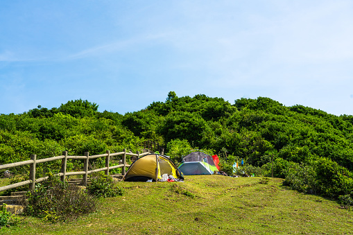 Camping Tent near cliff on Tap Mun or Grass Island, Hong Kong
