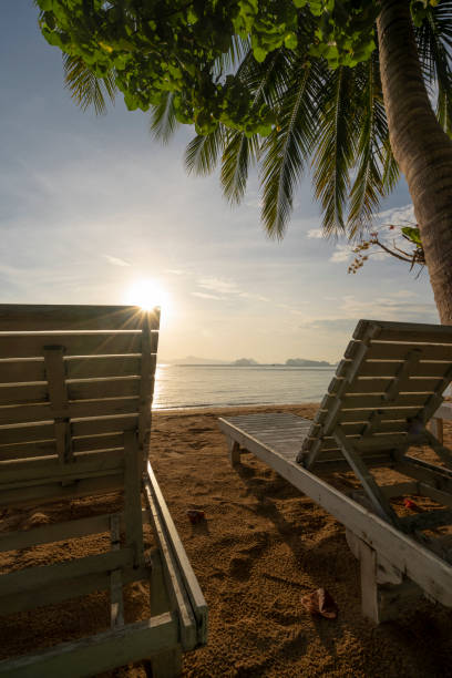 sedie sulla spiaggia dell'alba - beach bench caribbean sea cloudscape foto e immagini stock