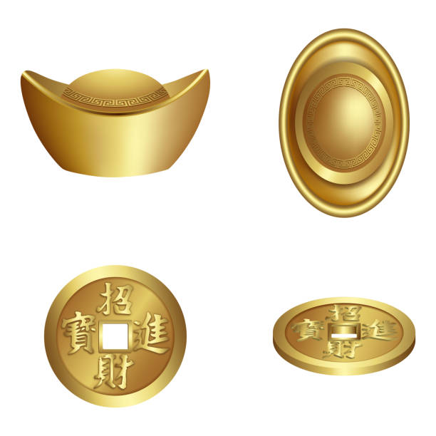 chinese new year elements. isolated gold ingots and coins. front and side view chinese new year elements. isolated gold ingots and coins. front and side view vector chinese yuan coin stock illustrations