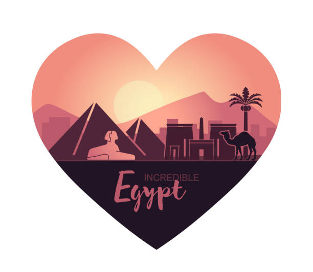 illustrazioni stock, clip art, cartoni animati e icone di tendenza di paesaggio stilizzato a forma di cuore dell'egitto al tramonto. illustrazione vettoriale - egypt cairo pyramid sunset