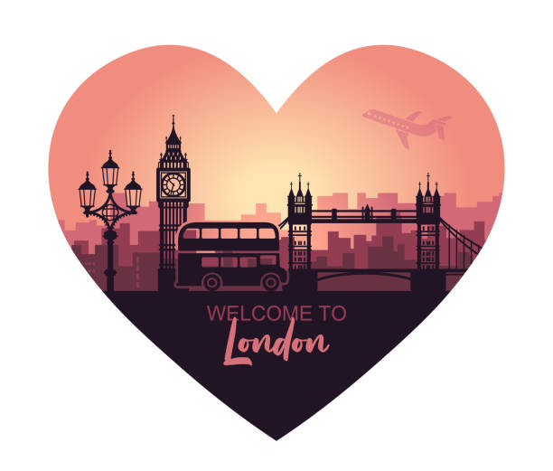 абстрактный городской пейзаж в форме сердца лондона с достопримечательностями на закате - airplane europe transportation big ben stock illustrations