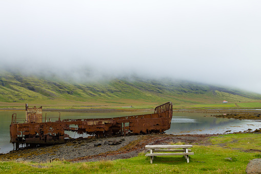 Shipwreck from Mjoifjordur fiord, east Iceland.  Icelandic view