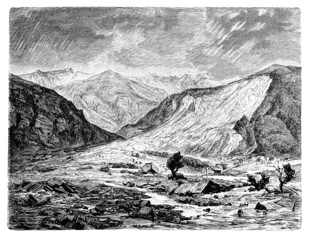 ilustraciones, imágenes clip art, dibujos animados e iconos de stock de el desprendimiento de rocas de elm (cantón de glarus, suiza, en alemán der bergsturz von elm) mató a 115 personas y destruyó 83 edificios el 11 de septiembre de 1881 - von