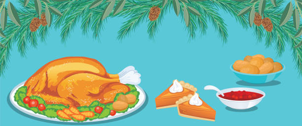 Christmas Turkey Dinner With Copy Space Holiday Turkey Cooking background. Lots of room for text. File was created as CMYK. All elements are in their own group and can be easily moved around by right-clicking and choose “release clipping mask”. cranberry sauce stock illustrations