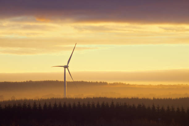 Wind power turbines in the countryside at sunset. West Lothian, Scotland, United Kingdom