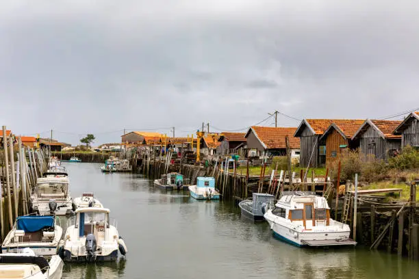 Oyster cabins in Larros Harbor in Arcachon Bay - Gujan-Mestras, Aquitaine, France