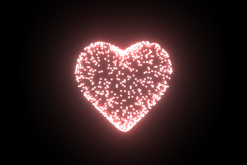 3D Heart Shape with Light Trails on Black Color Background, Valentine's Day Concept