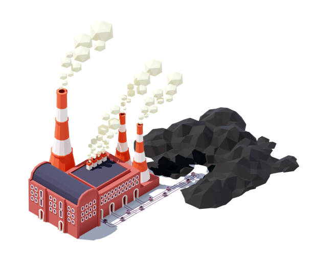 Vector isometric industrial factory building with pipes, coal cart and railway. Plant or Factory Building icon Vector isometric industrial factory building with pipes, coal cart and railway. Plant or Factory Building icon industrial revolution stock illustrations