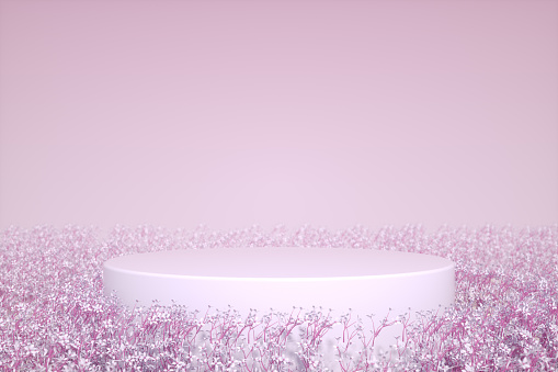 3d rendering of blank product stand, podium, pedestal with flowers. Copy space for image montage.