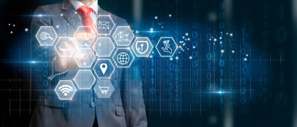 istock Businessman touching a virtual screen with icon Ddos Protection Denial Of Service Security. 1291060588